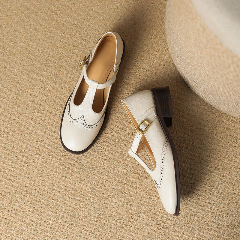 Blanche Devereaux | Leather T-Strap Mary Jane Shoes with Brogue Detail