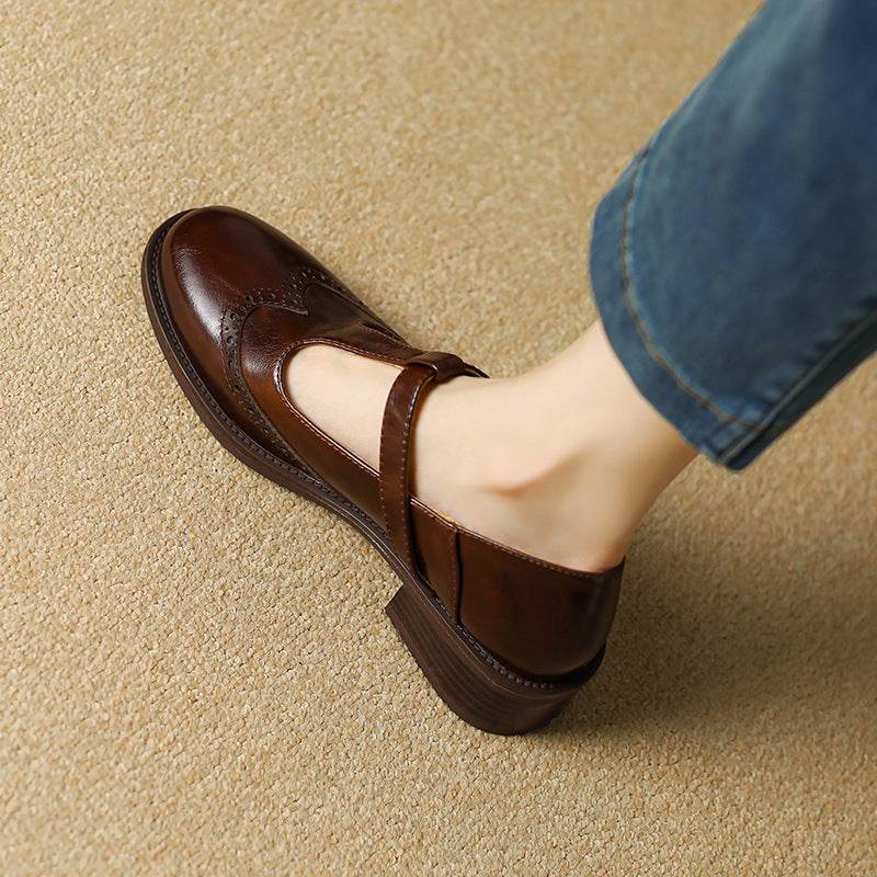 Blanche Devereaux | Leather T-Strap Mary Jane Shoes with Brogue Detail