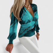Genevra Blackthorn | Geometric Print Deep V-Neck Wrap Top