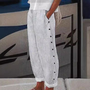 Vivienne Strandmore | Striped Linen-Cotton Button-Accent Trousers