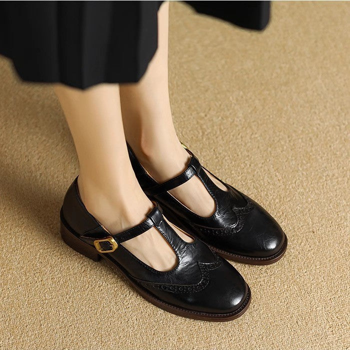 Blanche Devereaux | Leather T-Strap Mary Jane Shoes with Brogue Detail