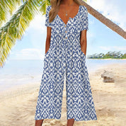 Celestine Beauvoir | Blue Leaf Print Wide Leg Jumpsuit