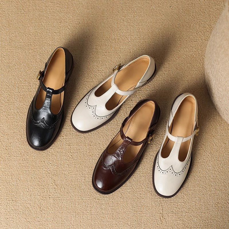 Blanche Devereaux | Leather T-Strap Mary Jane Shoes with Brogue Detail