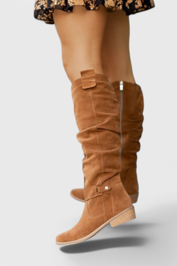 Harriet Voclaine | Tan Suede Knee-High Riding Boots