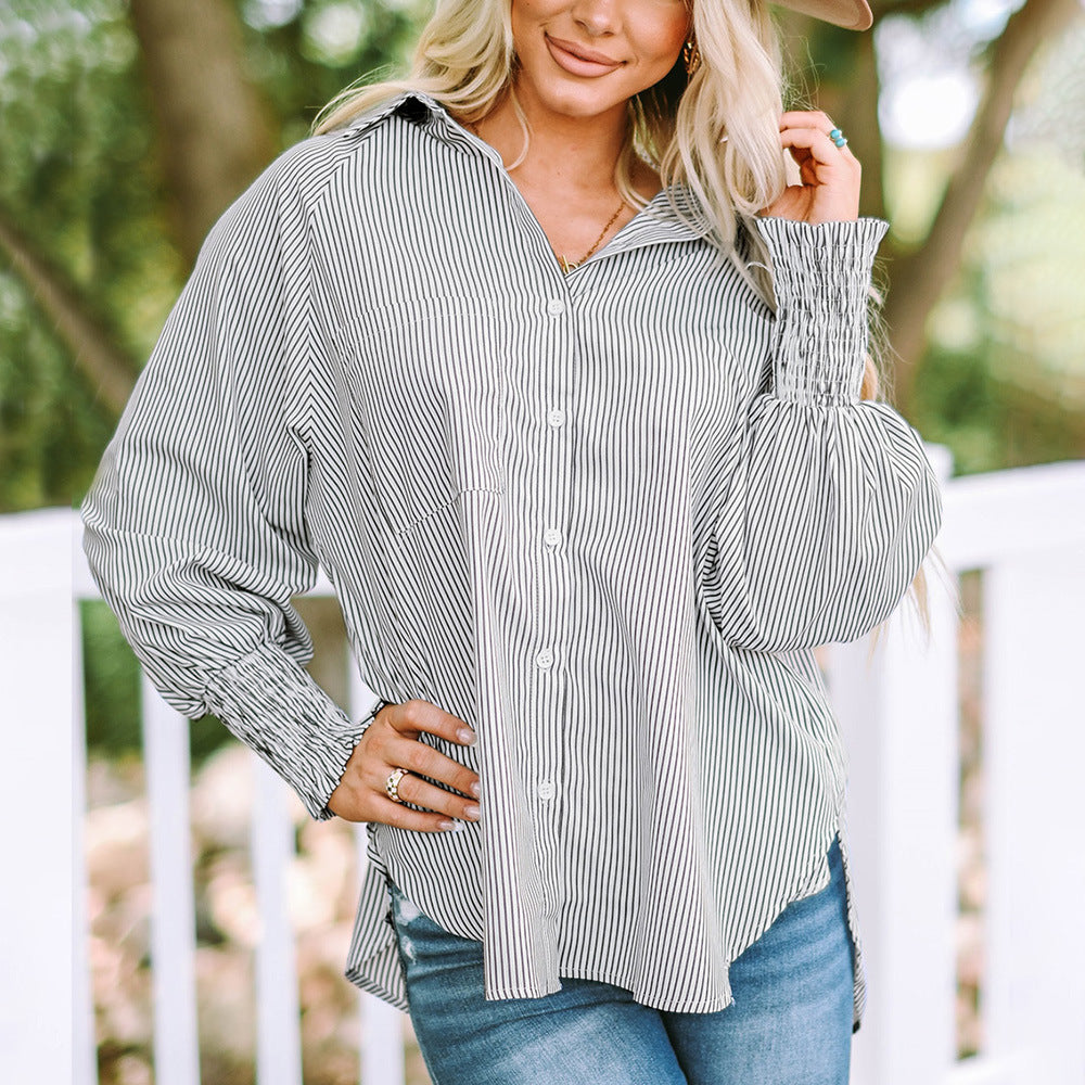 Eloise Vanbright | Oversized Blue Striped Button-Down Shirt with Smocked Cuffs
