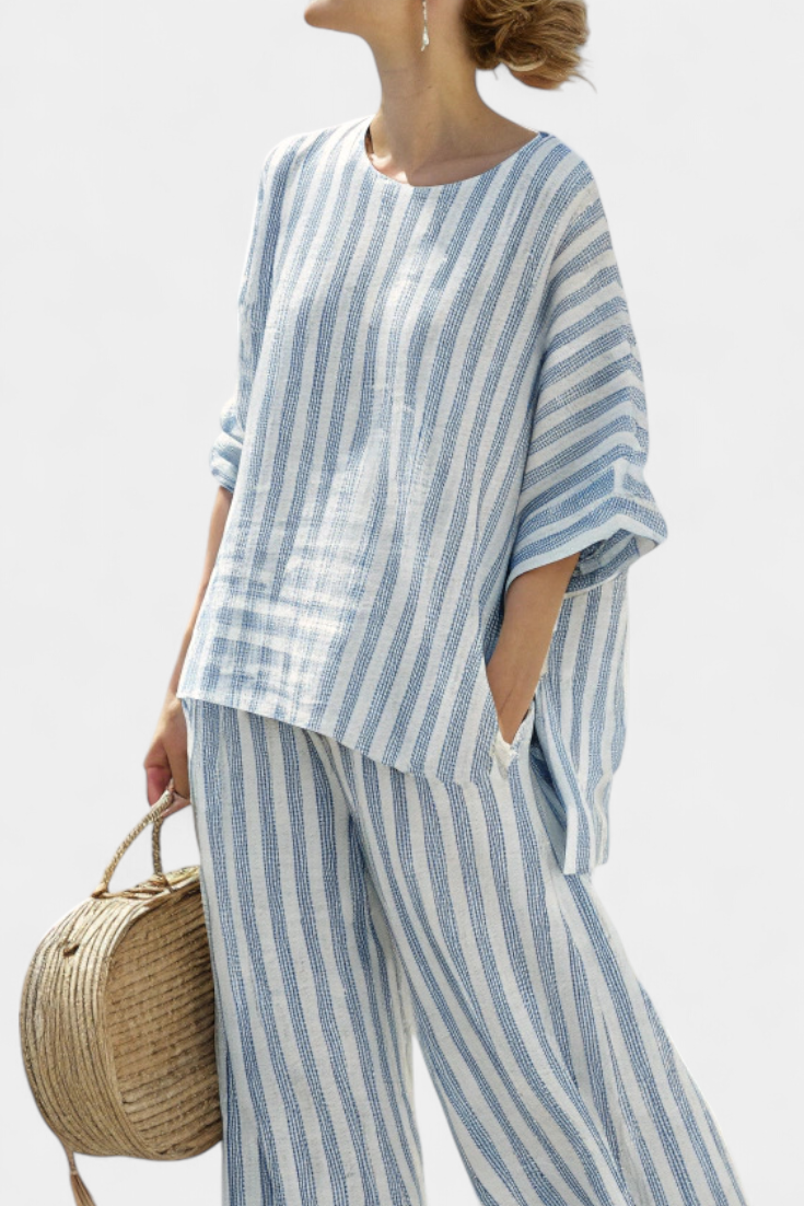 Beatrice Wyndvale | Blue Striped Linen Two-Piece Set with Wide-Leg Pants