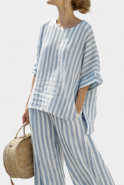 Beatrice Wyndvale | Blue Striped Linen Two-Piece Set with Wide-Leg Pants