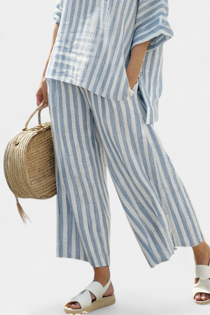 Beatrice Wyndvale | Blue Striped Linen Two-Piece Set with Wide-Leg Pants