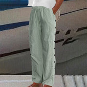 Vivienne Strandmore | Striped Linen-Cotton Button-Accent Trousers