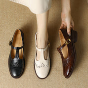 Blanche Devereaux | Leather T-Strap Mary Jane Shoes with Brogue Detail
