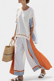 Vivienne Castellane | White Striped Linen Wide-Leg Pants & Top Set