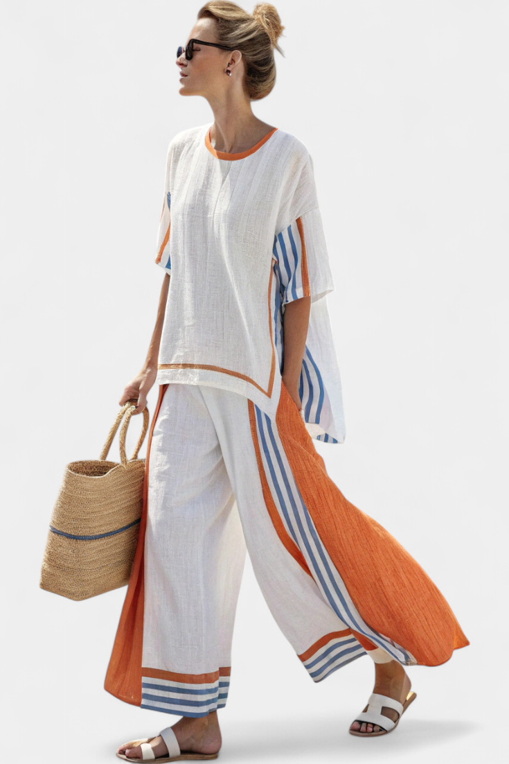 Vivienne Castellane | White Striped Linen Wide-Leg Pants & Top Set