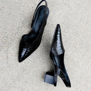 Celestine Duvarre | Black Patent Pointed-Toe Slingback Heels