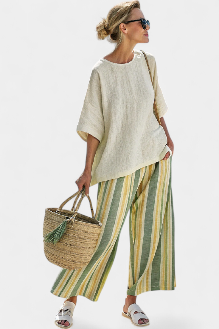 Aurelie Rensworth | Linen Two-Piece Top & Striped Wide-Leg Pants Set