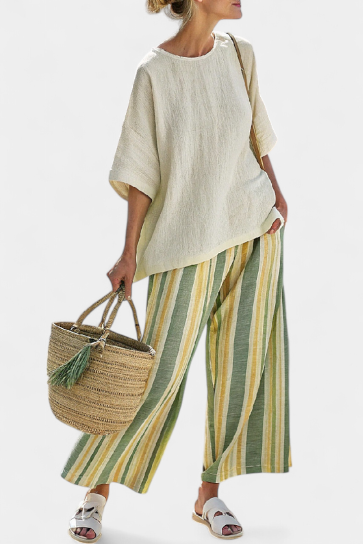 Aurelie Rensworth | Linen Two-Piece Top & Striped Wide-Leg Pants Set