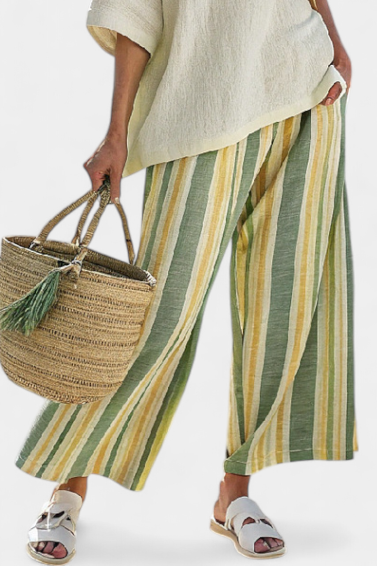 Aurelie Rensworth | Linen Two-Piece Top & Striped Wide-Leg Pants Set
