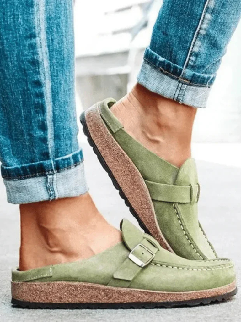 Elodie Carmichael | Suede Buckle Comfort Clogs in Sage Green