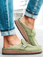 Elodie Carmichael | Suede Buckle Comfort Clogs in Sage Green