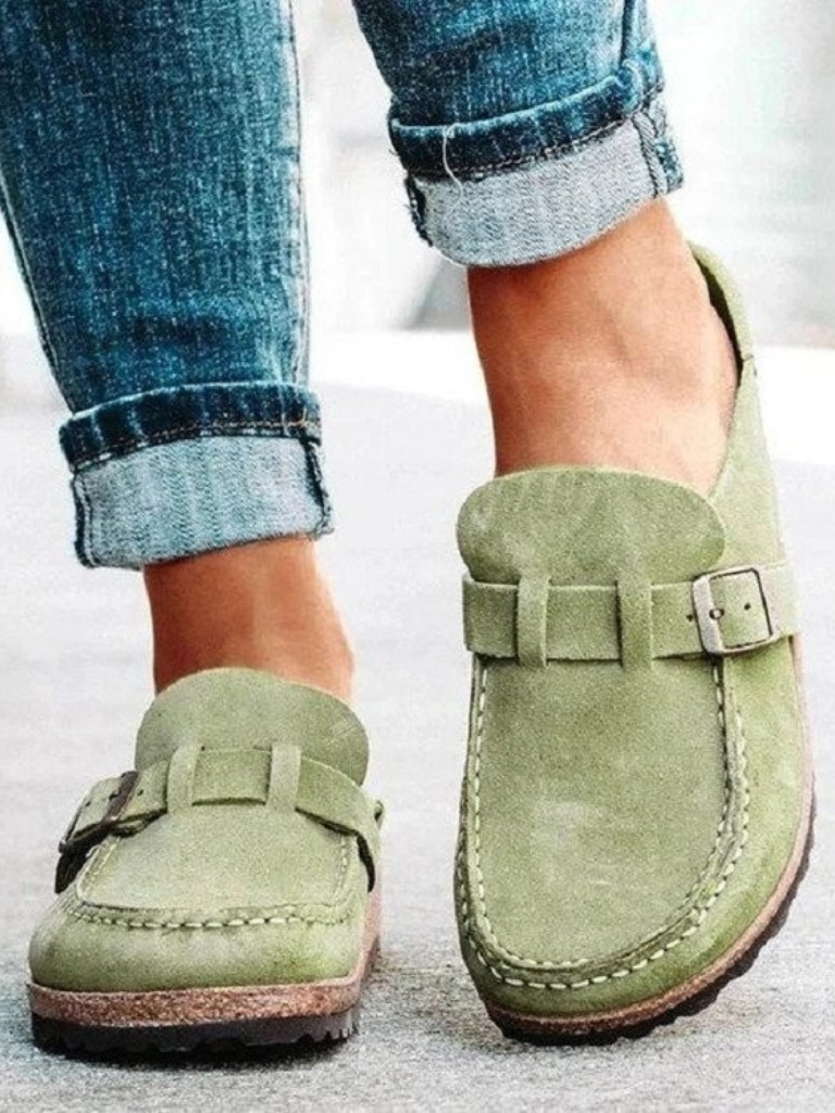 Elodie Carmichael | Suede Buckle Comfort Clogs in Sage Green