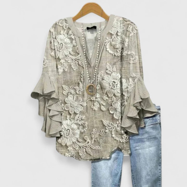 Celestine Ravenmore | Blue Floral Ruffle Sleeve Blouse