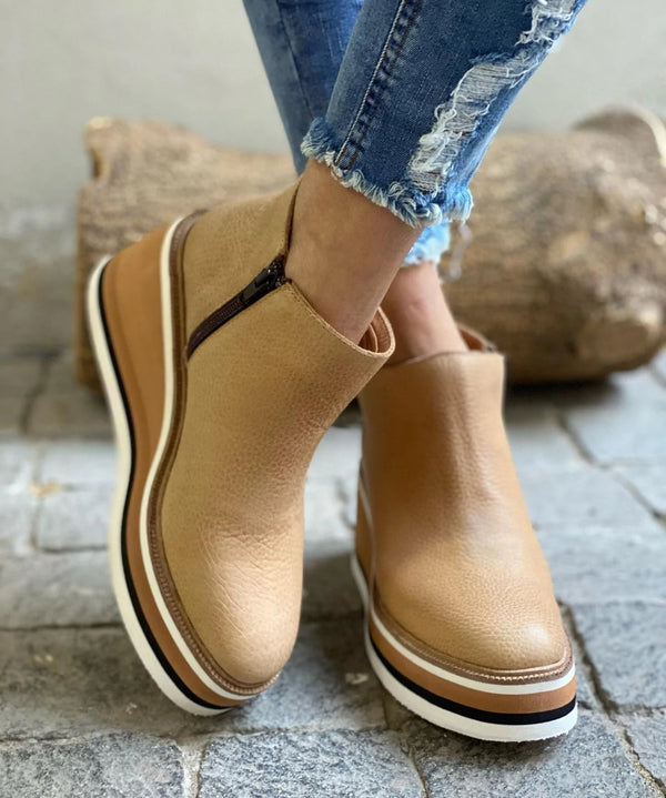 Elara Pembrooke | Tan Platform Wedge Ankle Boots with Side Zipper