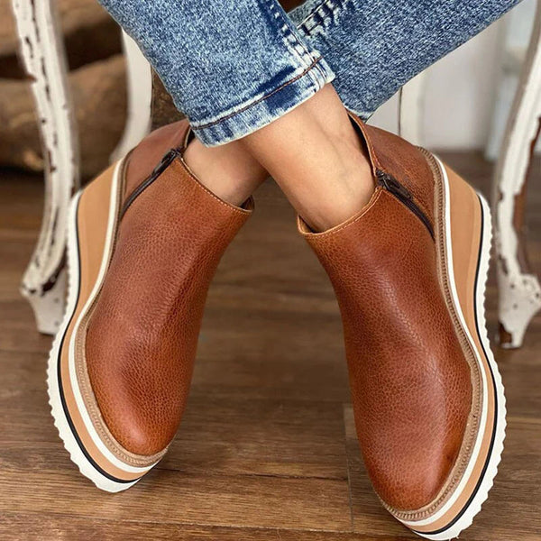 Elara Pembrooke | Tan Platform Wedge Ankle Boots with Side Zipper