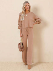 Elaine Vauclair | Cropped Sweatshirt & Wide-Leg Pants Lounge Set in Camel