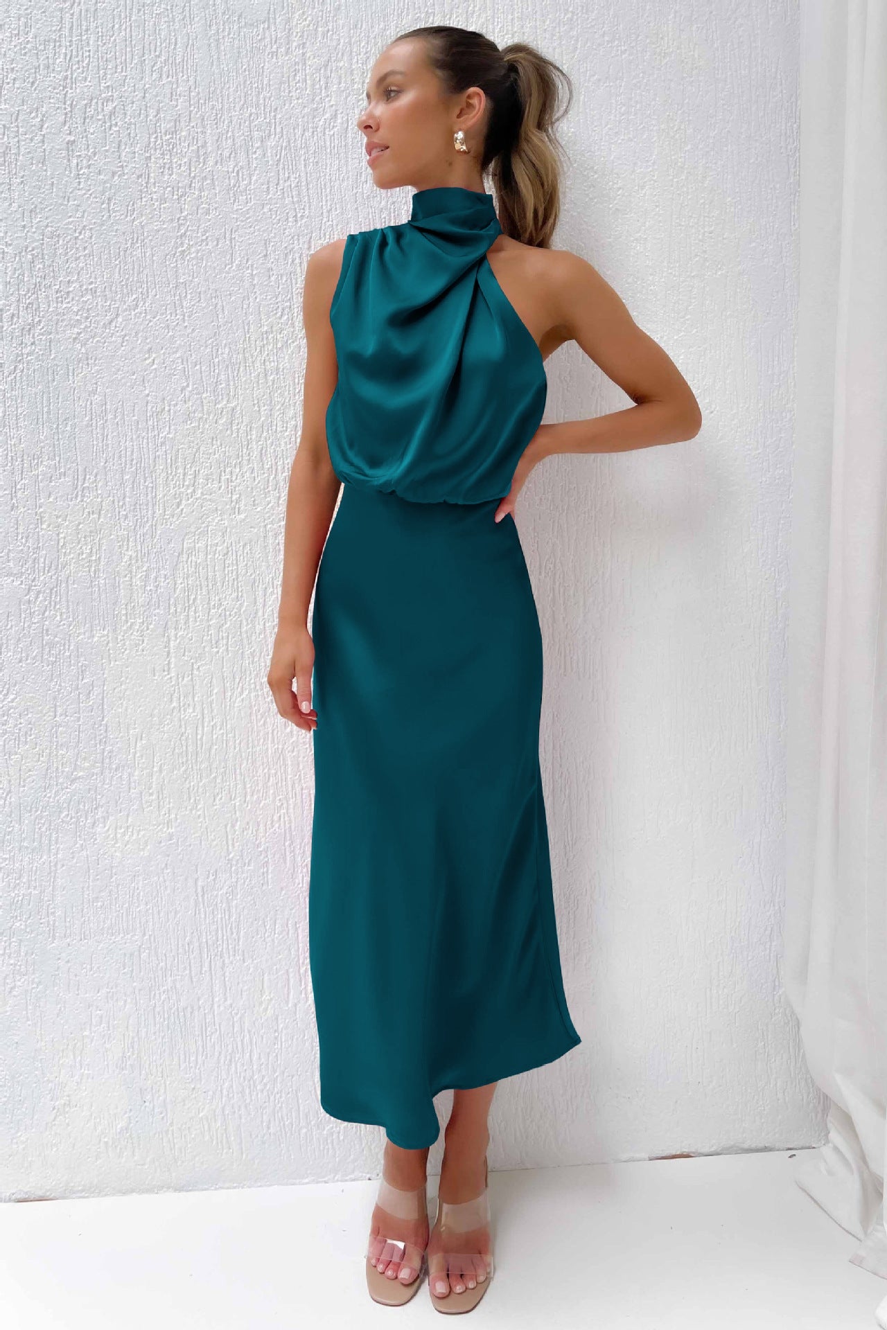 Seraffina Wolvecourt | Sage Green Satin Halter Midi Dress