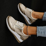 Elara Vanthorpe | Silver Metallic Platform Sneakers with Side Zipper