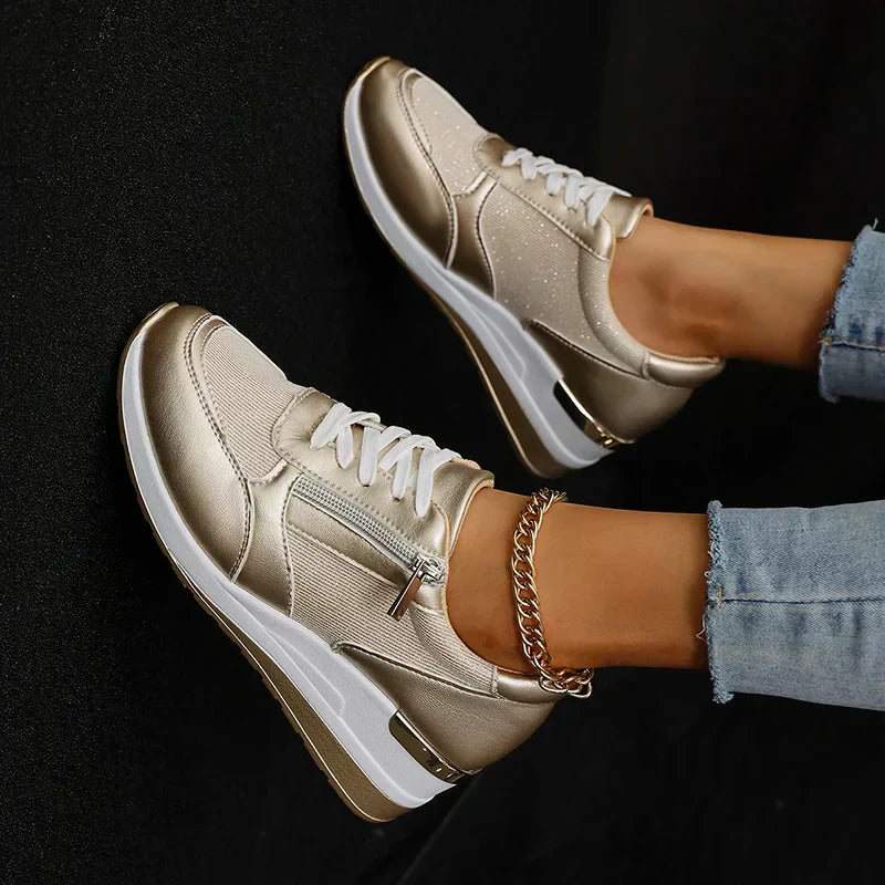 Elara Vanthorpe | Silver Metallic Platform Sneakers with Side Zipper