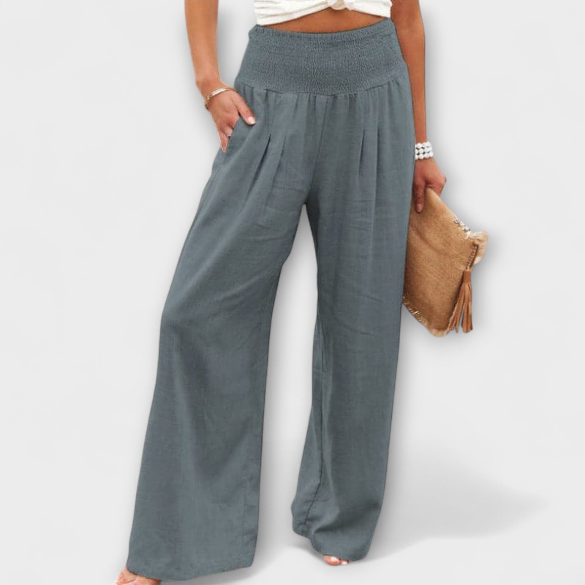 Marguerite Soleil | Coral Wide-Leg Linen Pants with Smocked Waist