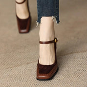 Clémence Beauvray | Brown Square Toe Block Heel Mary Jane Pumps