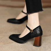 Clémence Beauvray | Brown Square Toe Block Heel Mary Jane Pumps