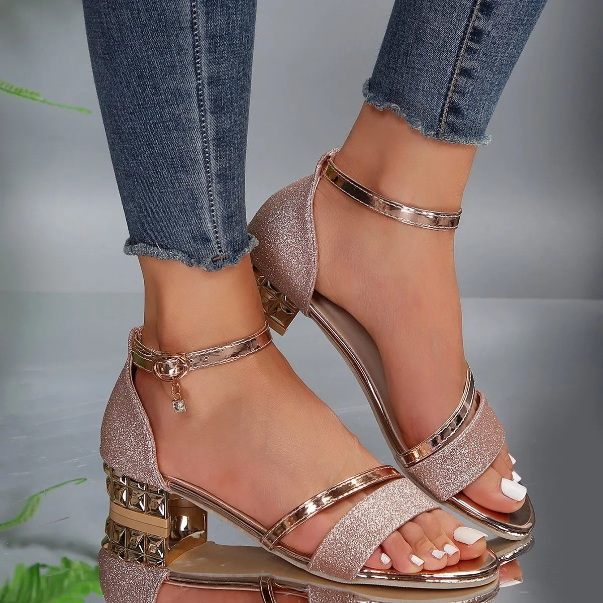 Mariella Fontbriand | Block Heel Ankle Strap Sandals with Gold Embellished Detail