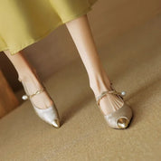 Céleste Morvannes | Green Floral Jacquard Pearl Strap Slingback Kitten Heel