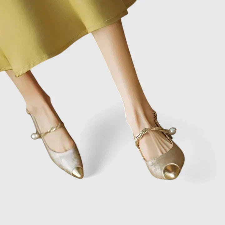 Seraphielle Fontclair | Green Floral Kitten Heel Slingback with Pearl Strap