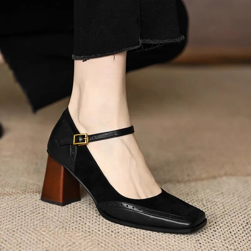 Clémence Beauvray | Brown Square Toe Block Heel Mary Jane Pumps