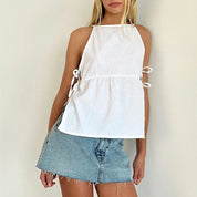 Lorraine Castellfort | Plaid Sleeveless Peplum Tank Top with Bow Ties
