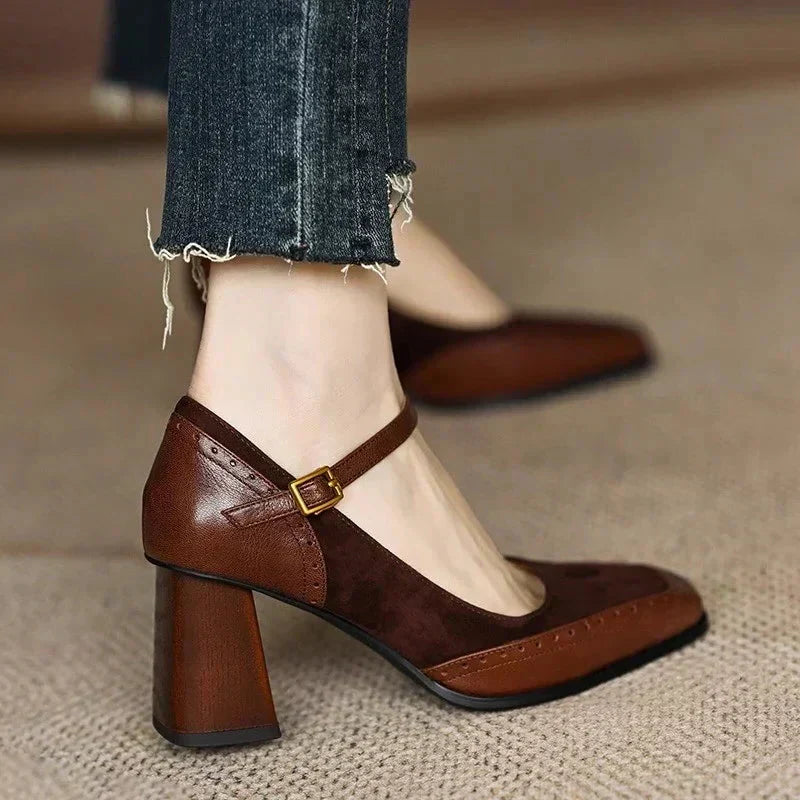 Clémence Beauvray | Brown Square Toe Block Heel Mary Jane Pumps
