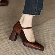 Clémence Beauvray | Brown Square Toe Block Heel Mary Jane Pumps