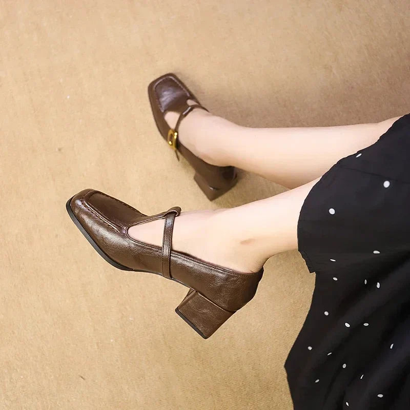 Colette Ravensdale | Brown Square Toe Mary Jane Block Heel