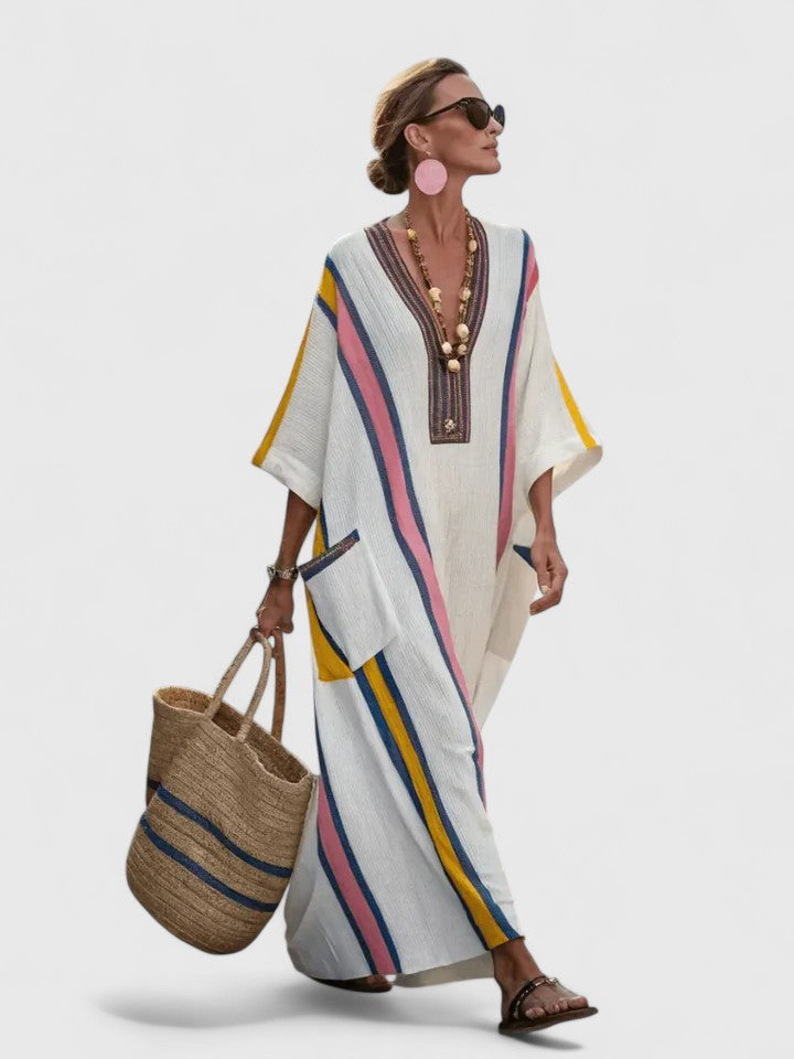 Seraphine Wolvecroft | White Striped V-Neck Maxi Dress