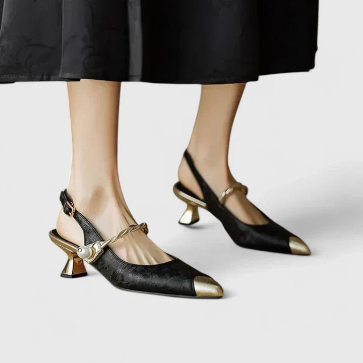 Seraphielle Fontclair | Green Floral Kitten Heel Slingback with Pearl Strap