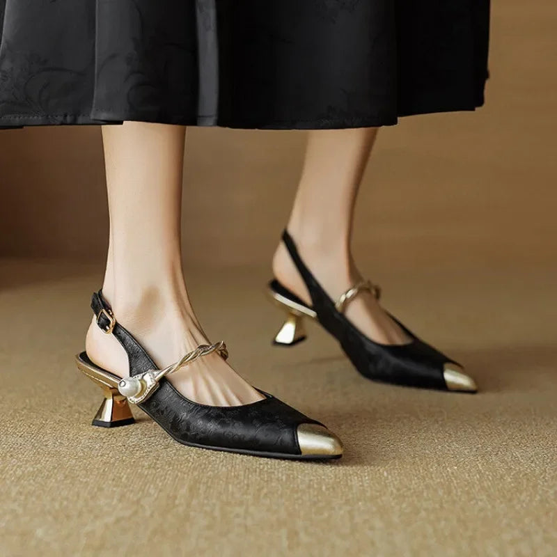 Céleste Morvannes | Green Floral Jacquard Pearl Strap Slingback Kitten Heel