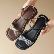 Elspeth Vanbrough | Houndstooth Flat Ankle Strap Sandals
