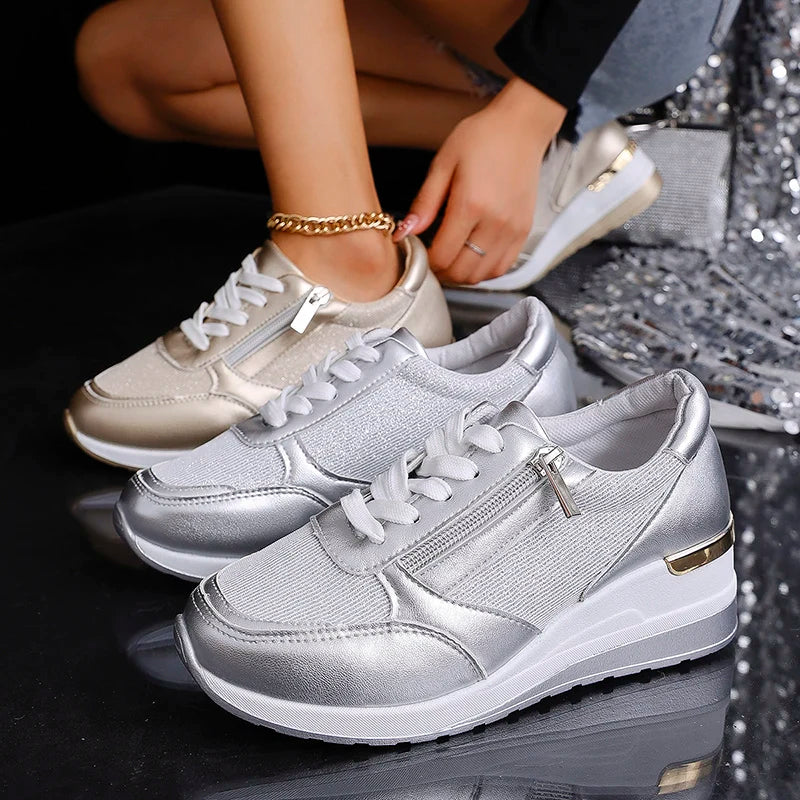 Elara Vanthorpe | Silver Metallic Platform Sneakers with Side Zipper