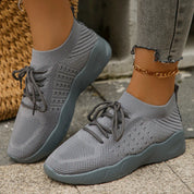 Emmeline Vaudreau | Beige Knit Lace-Up Sneakers for Women