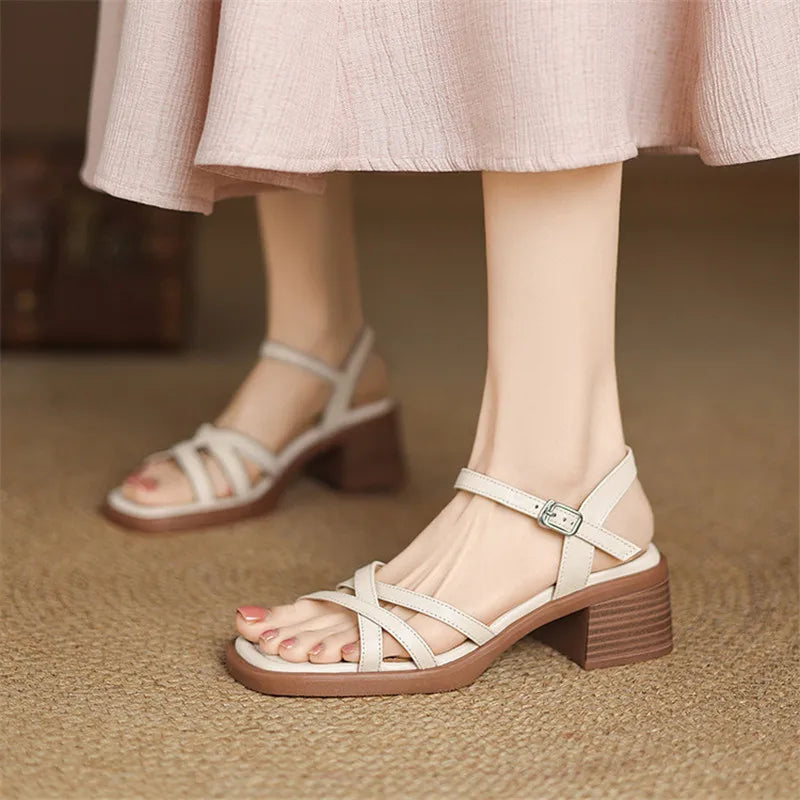 Rosalinde Caverton | Cream Leather Strappy Block Heel Sandals