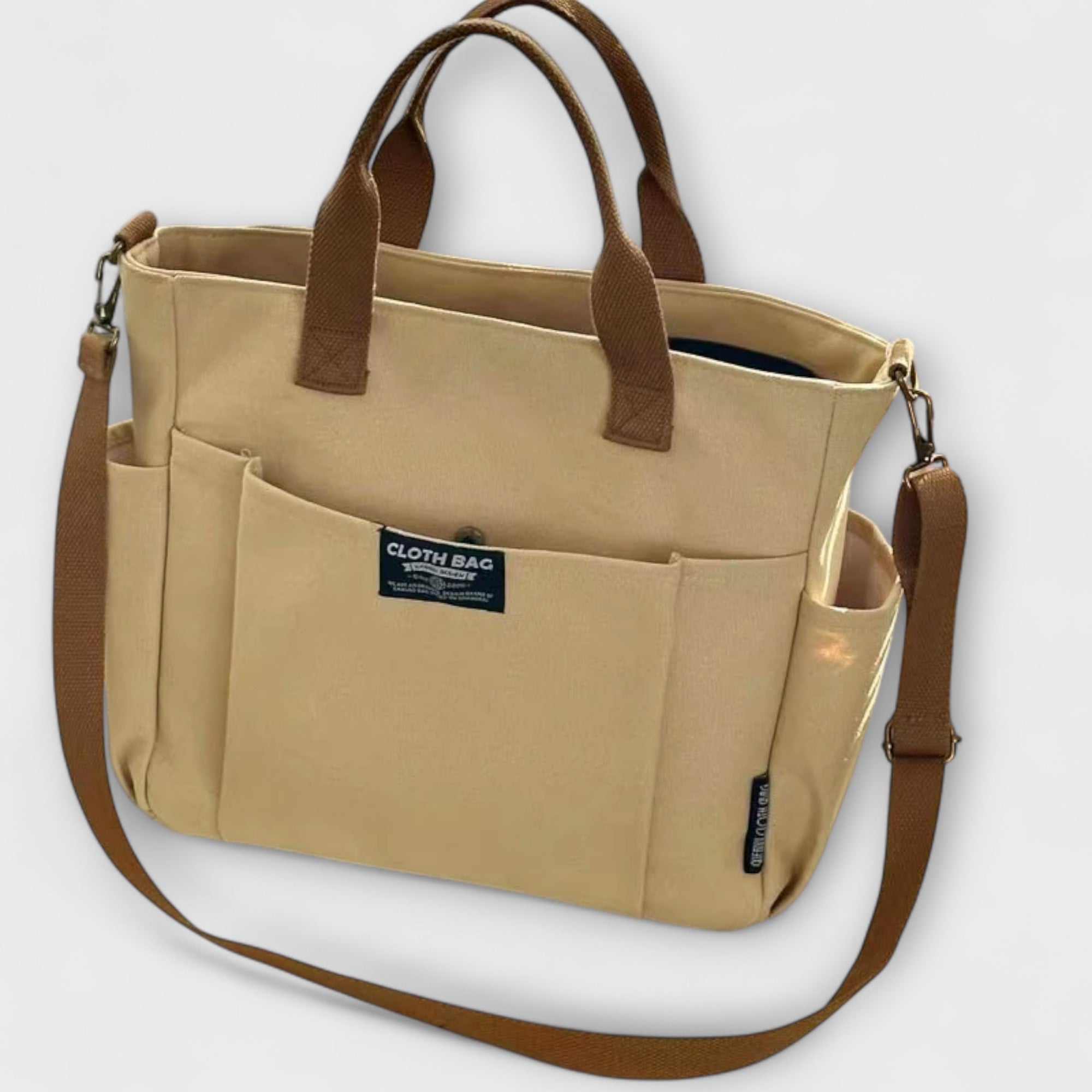 Margot Sinclair | Beige Canvas Tote Shoulder Bag with Multi-Pockets