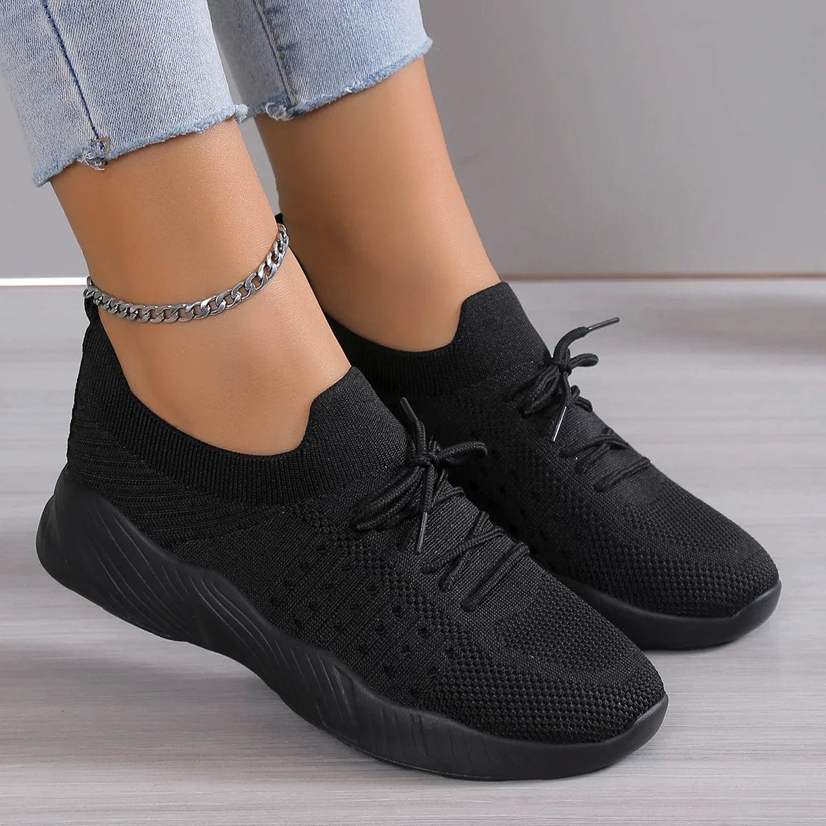 Lisette Bromwell | Black Knit Lace-Up Ortho Sneakers